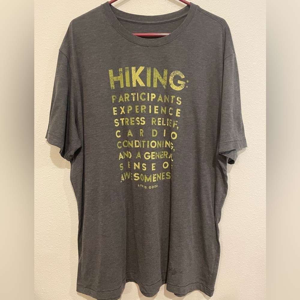 Men’s Life Is Good Gray Hiking themed shirt